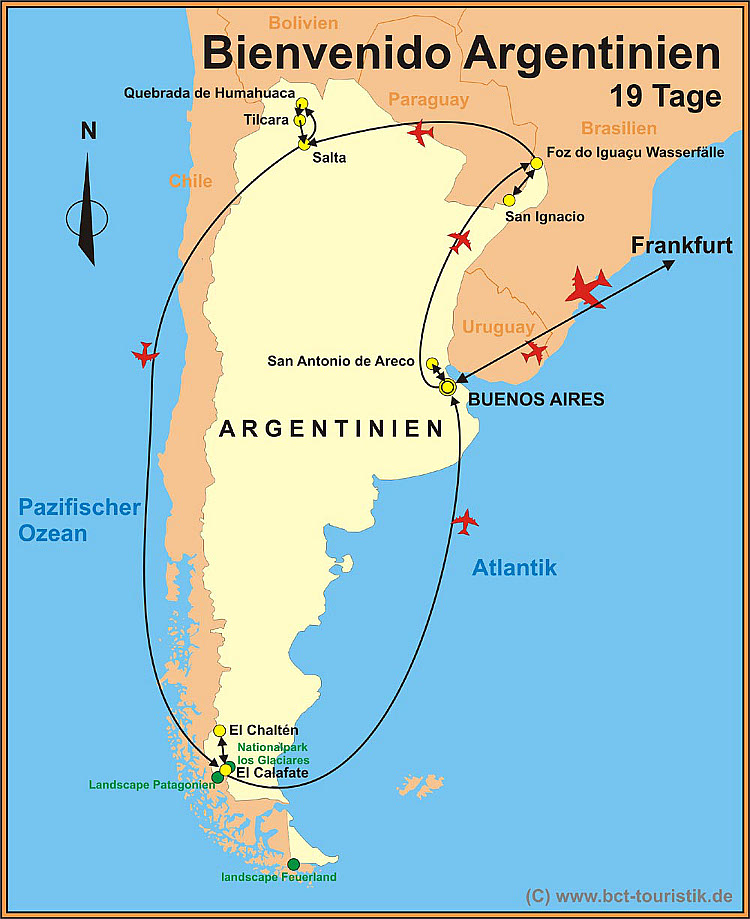 Dies ist die Reiseroute von einer unserer Argentinienreisen.